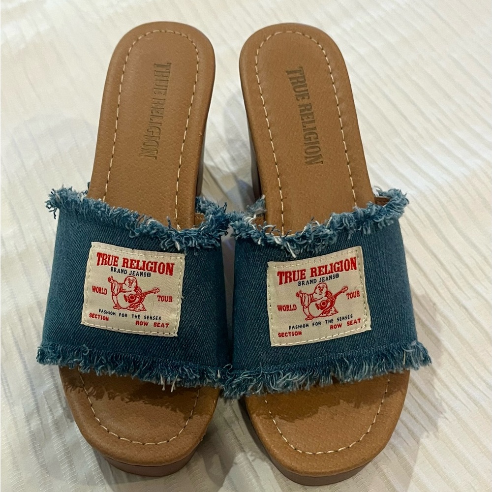 True Religion Frayed Denim Slides Size 6.5